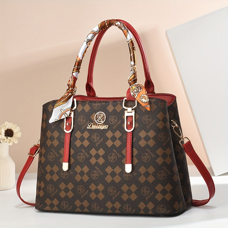 Vintage PU Leather Tote Bag Women Removable Strap Plaid Positioning