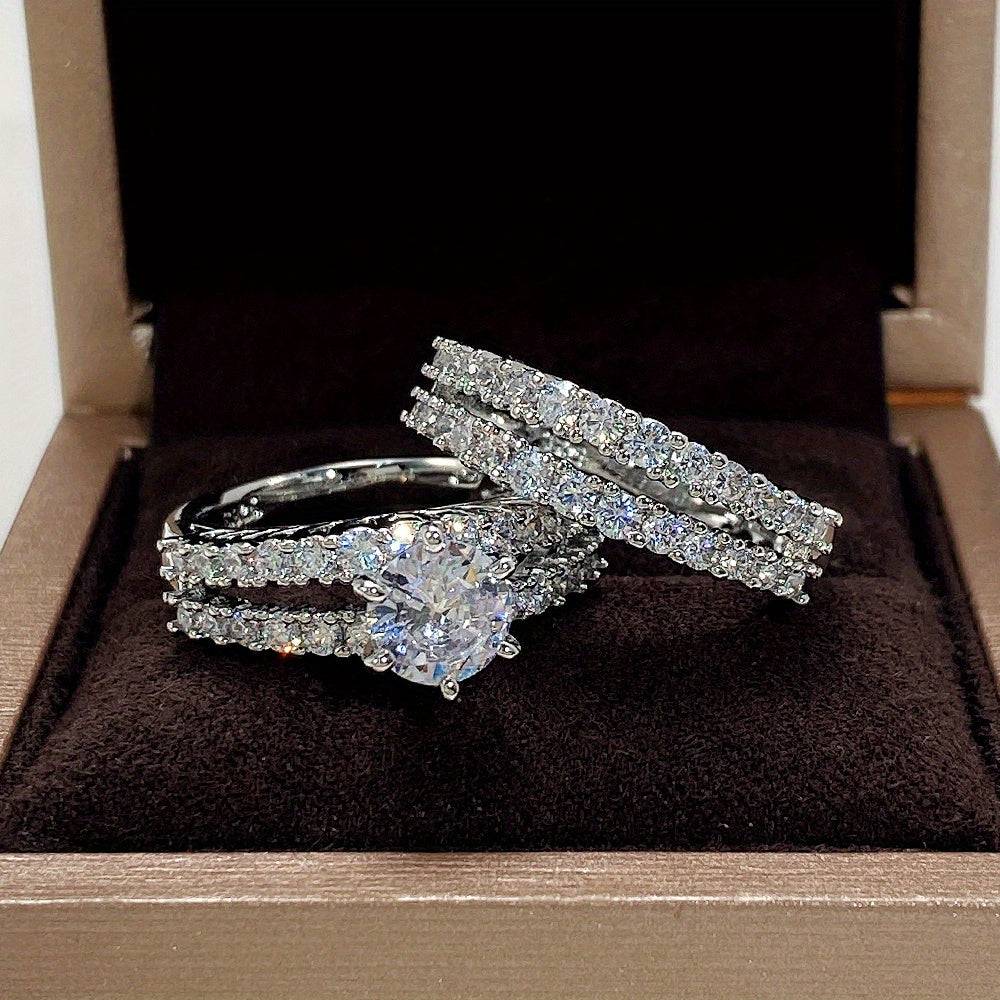 2 Pcs Bridal Wedding Rings 18K Plated 6 Prong Setting Zircon Rings For Women