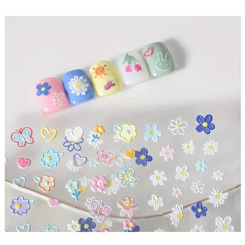 Embossed Spring Flower Nail Art Stickers - Self Adhesive Decals