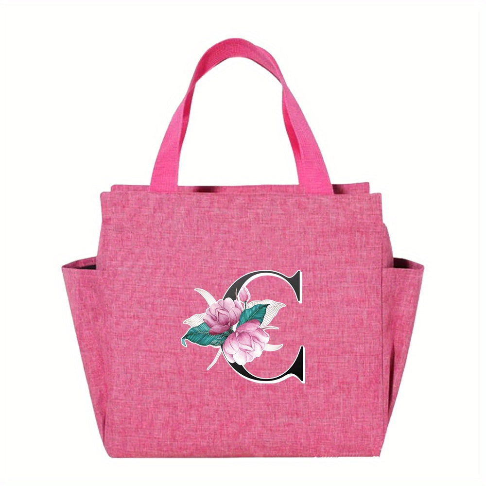 Floral Initial Insulated Lunch Bag Pink High Capacity Thermal Cooler Tote