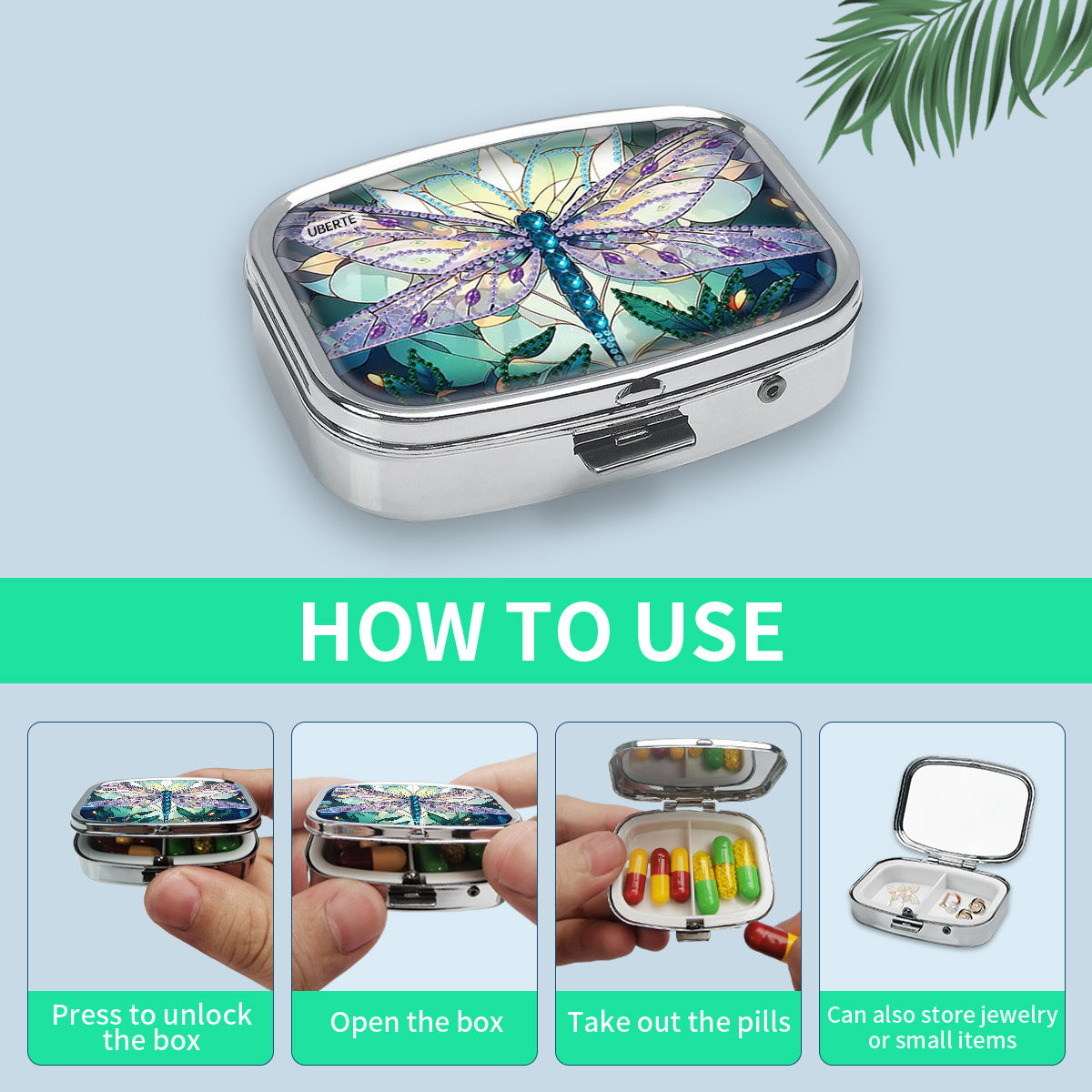 Pink Dragonfly Medicine Box 2 Compartment Portable Metal Case