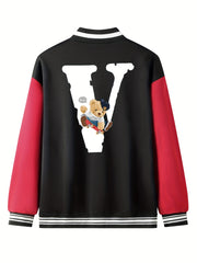 V Letter Print Teddy Bear Pattern Graphic Baseball Jacket Men's Clothes