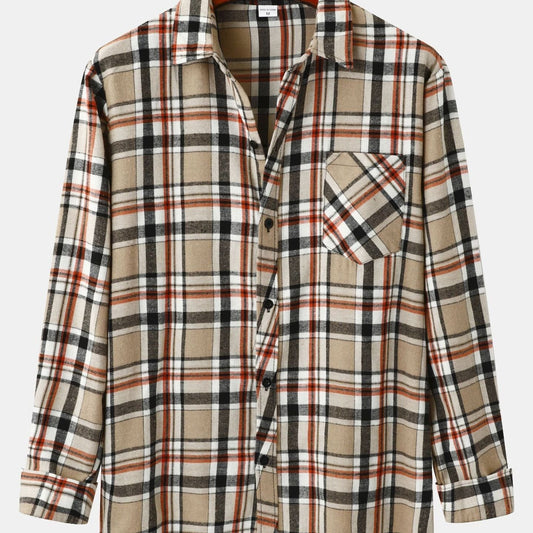 Men's Vintage Hawaiian Style Flannel Fleece Plaid Lapel Shirt
