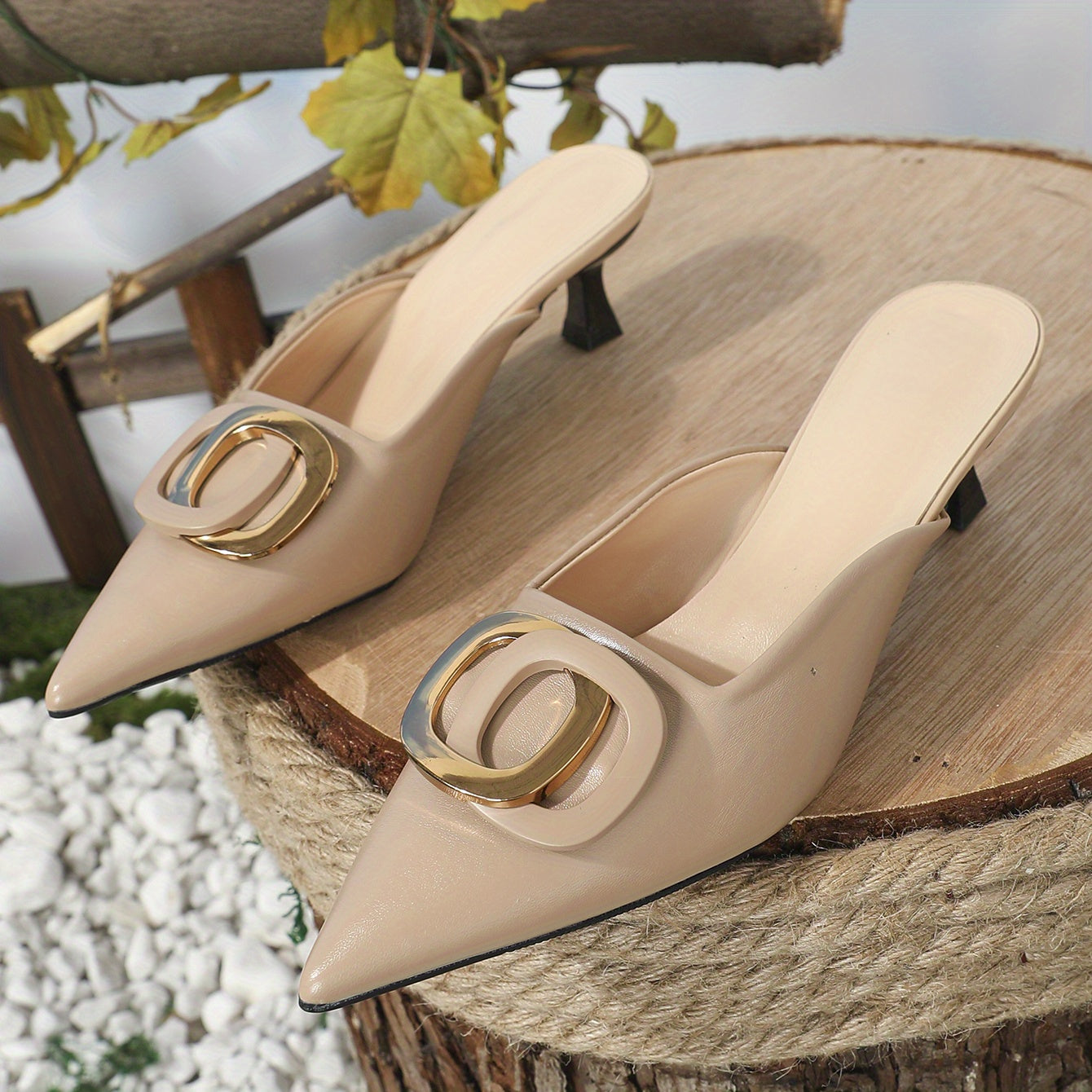 Women's Buckle Slingback Kitten Heels Pointed Toe Slip On Sandals