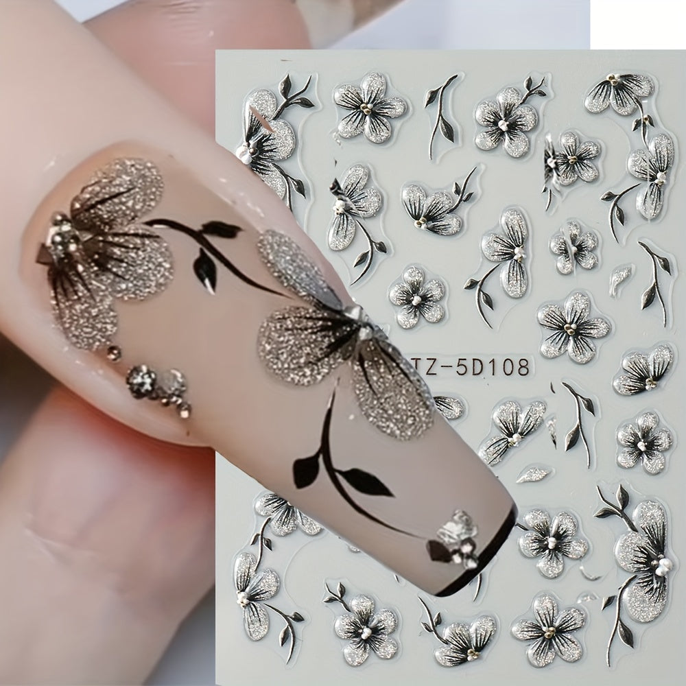 2pcs 5D Floral Nail Art Stickers Set Acrylic Flowers Decals with Glitter