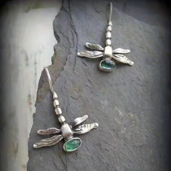 Vintage Dragonfly Stud Earrings with Oval Synthetic Gems for Party