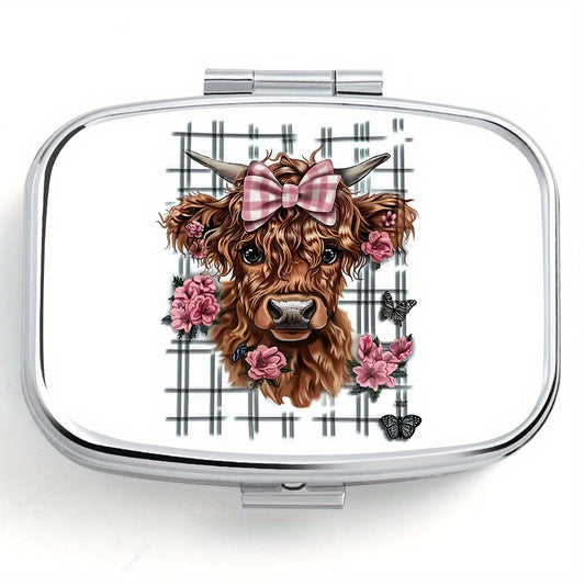 Highland Cow Pattern Two Compartment Pill Box - Portable Medicine Box
