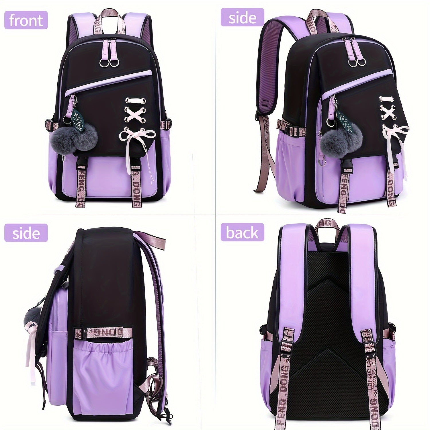 Girl School Backpack With Plush Ball Bag & Letter Pattern Strap