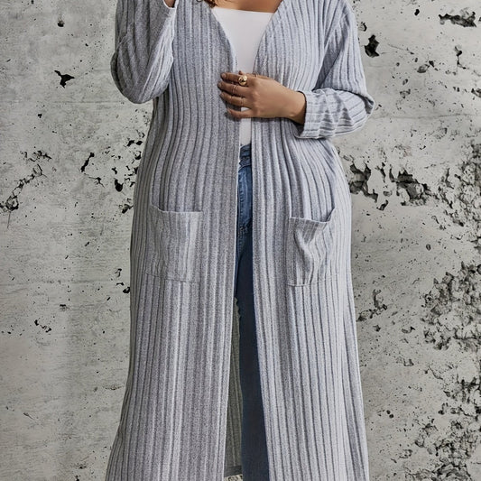 Solid Ribbed Long Sleeve Open Front Cardigan With Pockets