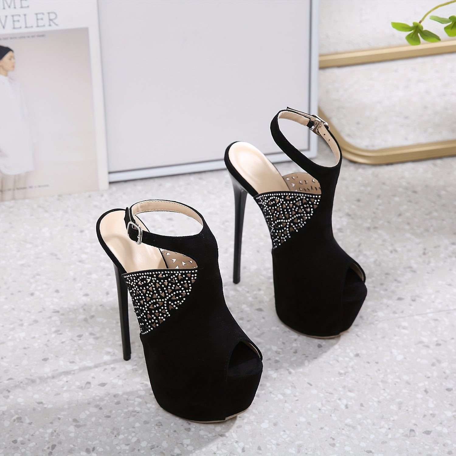 Women's Peep Toe Stiletto Heels Hollow Out Platform Shoes with Rhinestone Decor