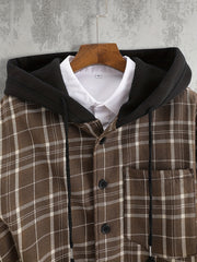 Men's Plaid Shirt Jacket Hooded Long Sleeves Coat