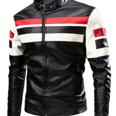 Men's Striped Leather Jacket Stand Collar Motorcycle Coat