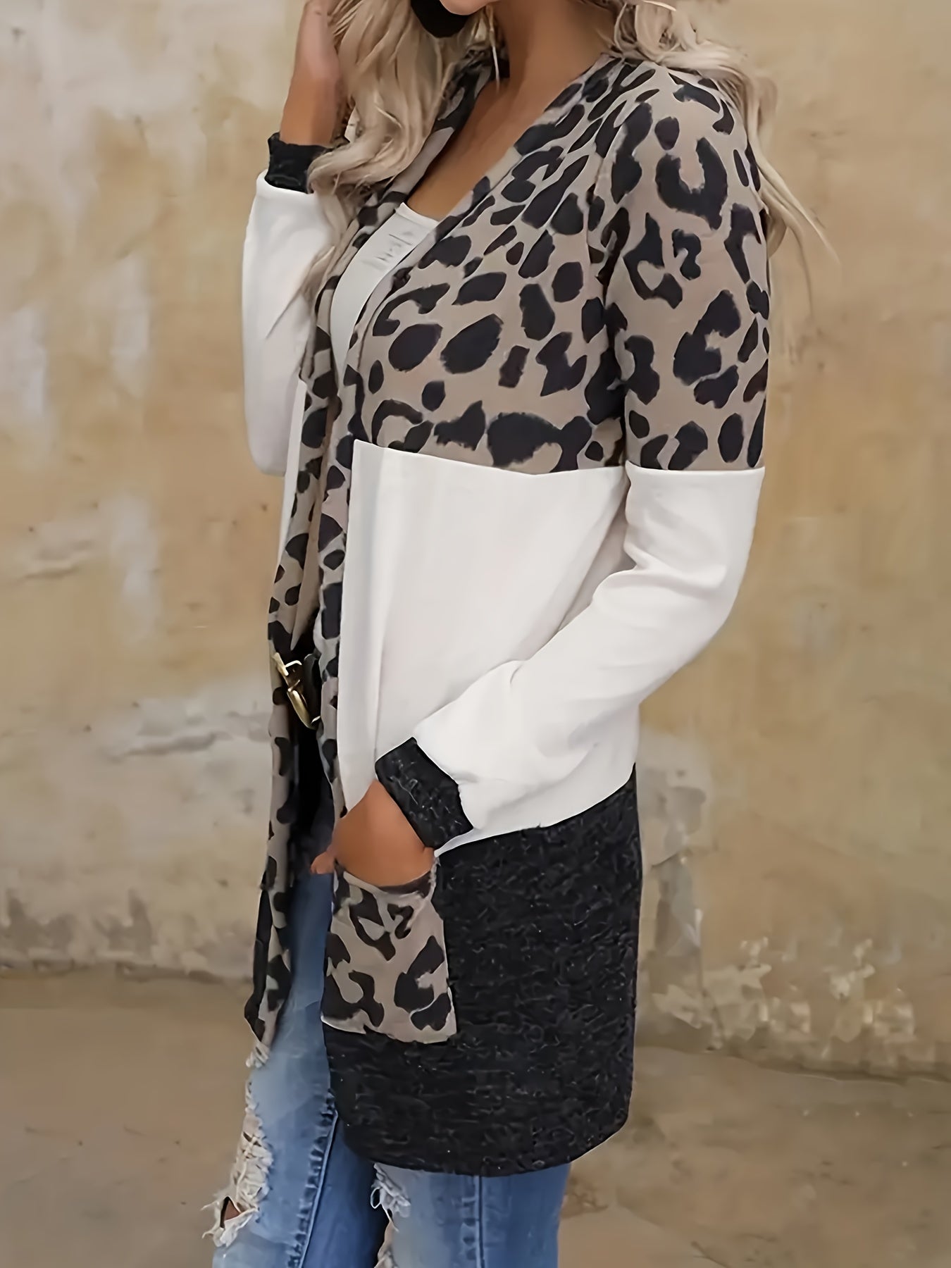 Leopard Print Open Front Cardigan with Pockets
