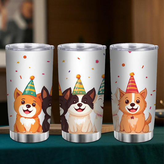 20oz Stainless Steel Mug Smiling Dogs Party Hats Leakproof Lid Travel Cup