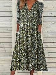 Floral Print V Neck Ruched Dress with Pockets