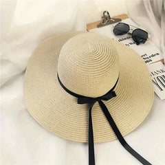 Straw Sun Hat Ribbon Bowknot Solid Sunscreen Beach Hats Floppy Foldable Cap