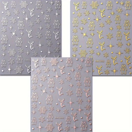 3pcs Christmas Nail Art Stickers Snowflakes Reindeer