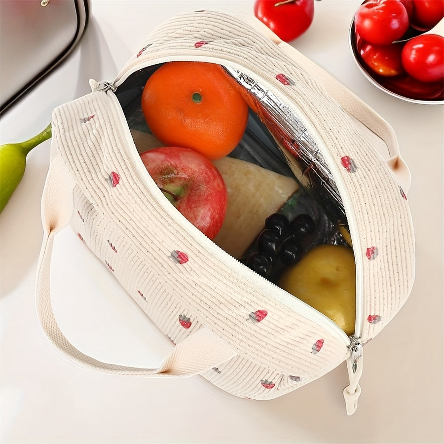 Corduroy Lunch Bag Strawberry Thermal Tote Large Capacity Cooler