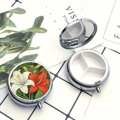 Metal Lily Flower Pattern Medicine Box 3 Compartments Travel Vitamin Storage