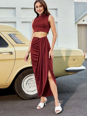 Crop Tank Top & Ruched Split Front Skirt Set Women's Outfit