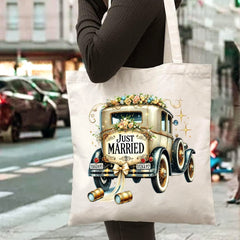 Vintage Wedding Truck Print Canvas Tote Bag