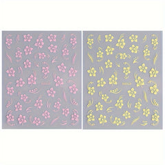 2pcs Hawaiian Floral Nail Art Stickers Pink & Flowers Tropical Leaves & Hibiscus
