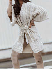 Solid Half Sleeve Belted Cardigan With Pockets
