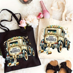 Vintage Wedding Truck Print Canvas Tote Bag