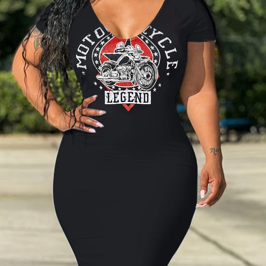 Women's Plus Graphic Print V Neck Slim Fit Dress