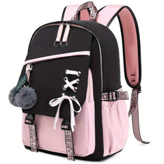 Girl School Backpack With Plush Ball Bag & Letter Pattern Strap