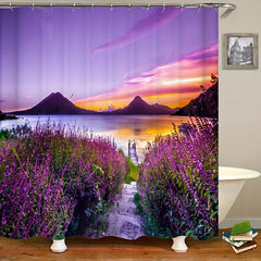 Lavender Shower Curtain Set with Non-Slip Bathroom Rug and 12 Hooks