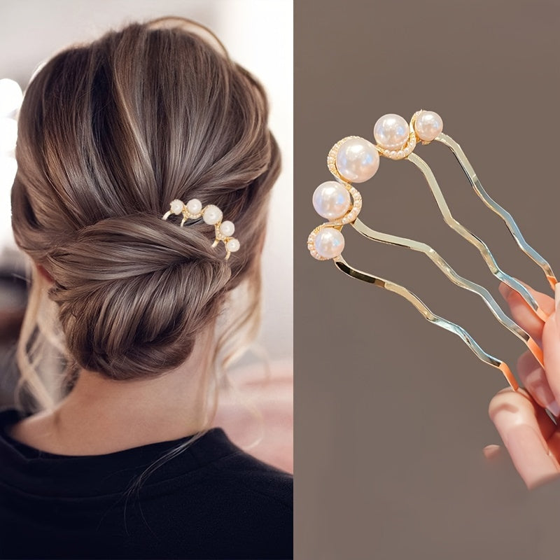 Vintage Bun Maker Hair Stick Pearl Embellished Alloy French Twist Hair Fork