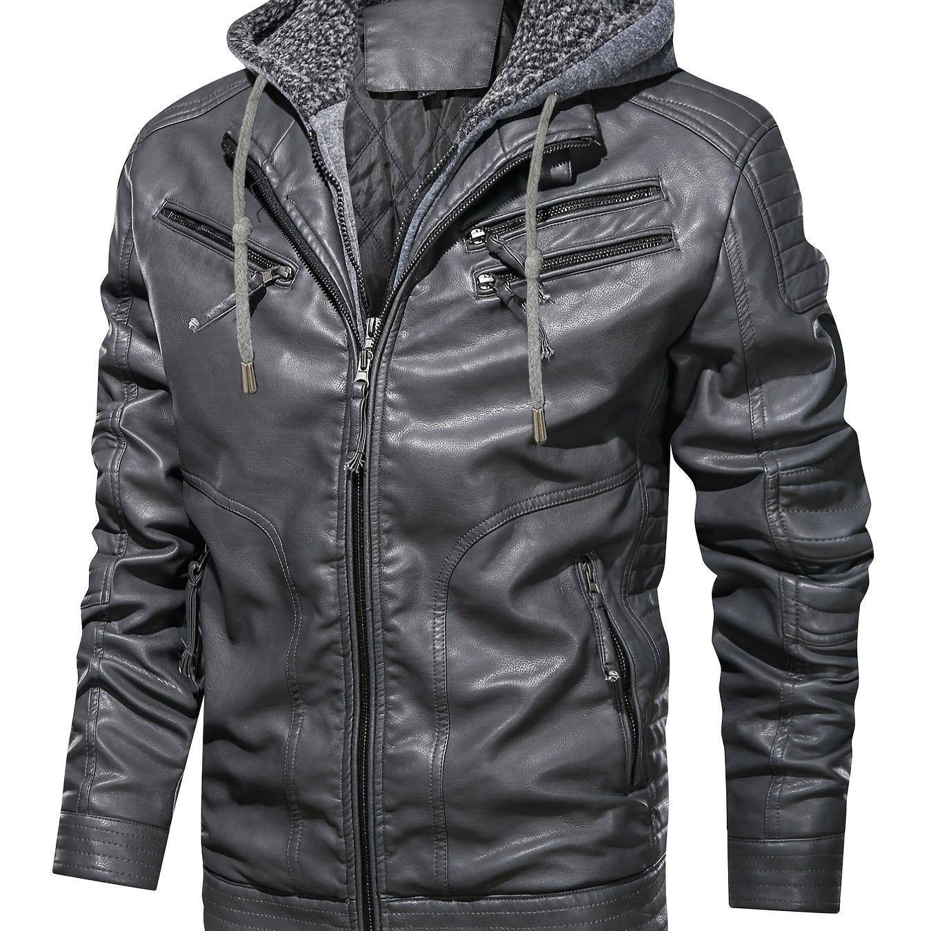 Men's Zipper Hoodie Autumn Winter Solid PU Faux Leather Jacket