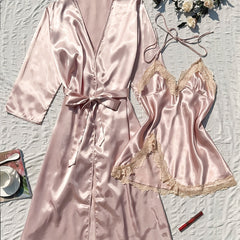 2pcs Satin Robe & Cami Dress Set with Lace Trim