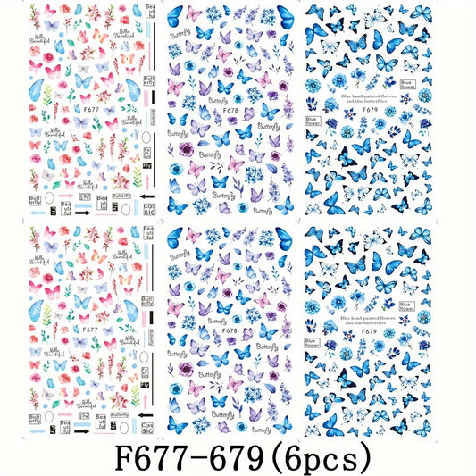 6pcs Butterfly Nail Art Stickers Floral Designs Self-Adhesive Nail Decorations