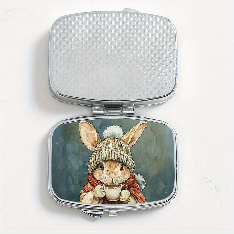 Winter Bunny 2 Compartment Pill Organizer Metal Case