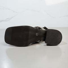 Women's Rhinestone Strap Chunky Heels Faux Leather Slingback Shoes