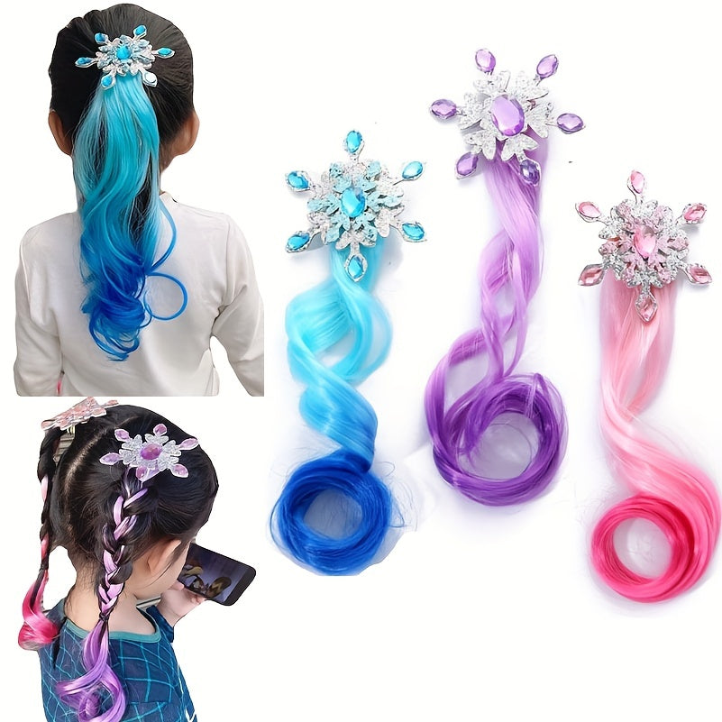 Colorful Braided Curly Wig Hairpin Ice Snow Snowflake Princess Ponytail Hairpin