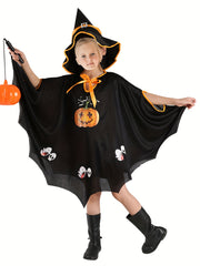 Girl's Halloween Dress Up Cloak Ghost Pumpkin Print Hooded Cape Witch Costume