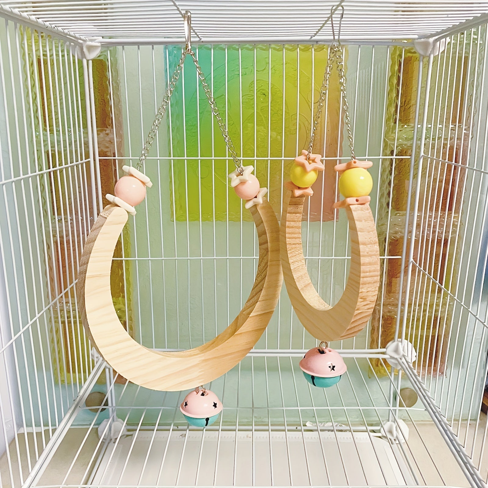 Parrot Supplies Moon Shaped Wooden Bell Puzzle Swing Stand Cloud Ladder