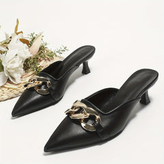Women's Chain Decor Kitten Heels Pointed Toe Slip On Slingback Dress Sandals
