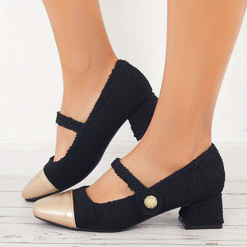 Women's Tweed Low Heel Mary Jane Colorblock Chunky Heels