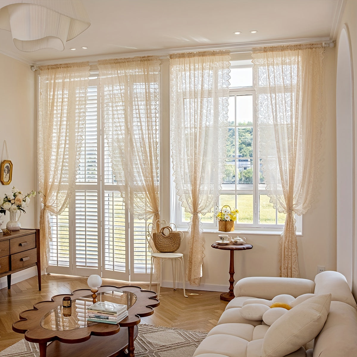 French Romantic Lace Sheer Curtain with Faux Pearl Detail