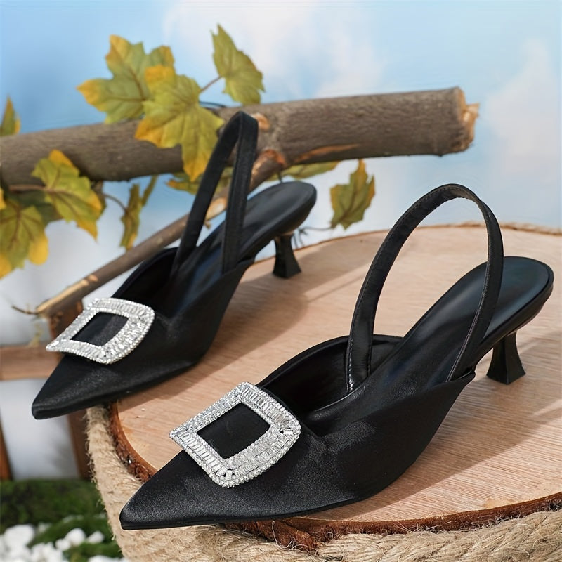 Women's Rhinestone Kitten Heels Pointed Toe Satin Sandals
