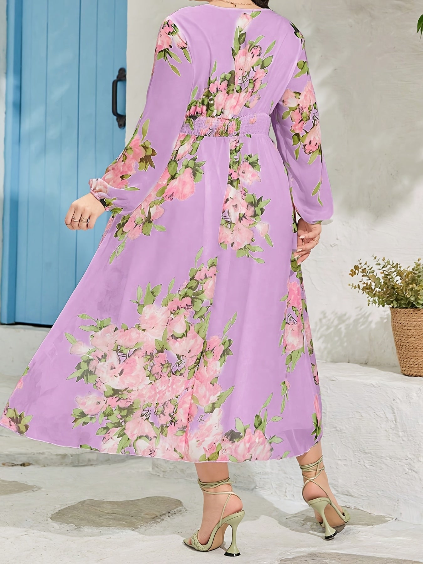 Abaya Dress Floral Print Lantern Sleeve V Neck Maxi Jalabiya Dress