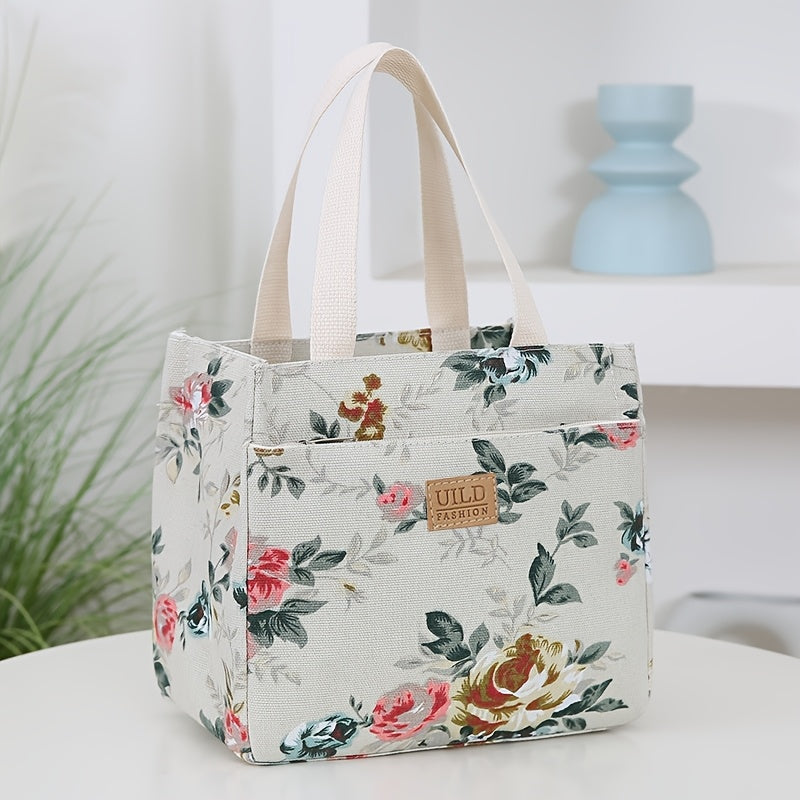 Floral Print Insulated Lunch Bag Waterproof Large Capacity Rectangular Carrier