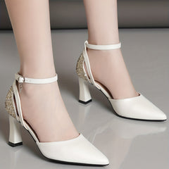 Women's Ankle Strap Chunky Heels Pointed Toe Pumps