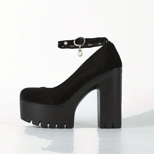 Rhinestone Strap Block Heels Buckle Platform Pumps