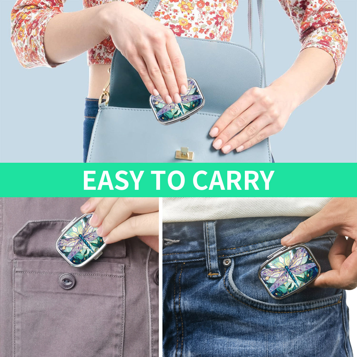 Pink Dragonfly Medicine Box 2 Compartment Portable Metal Case