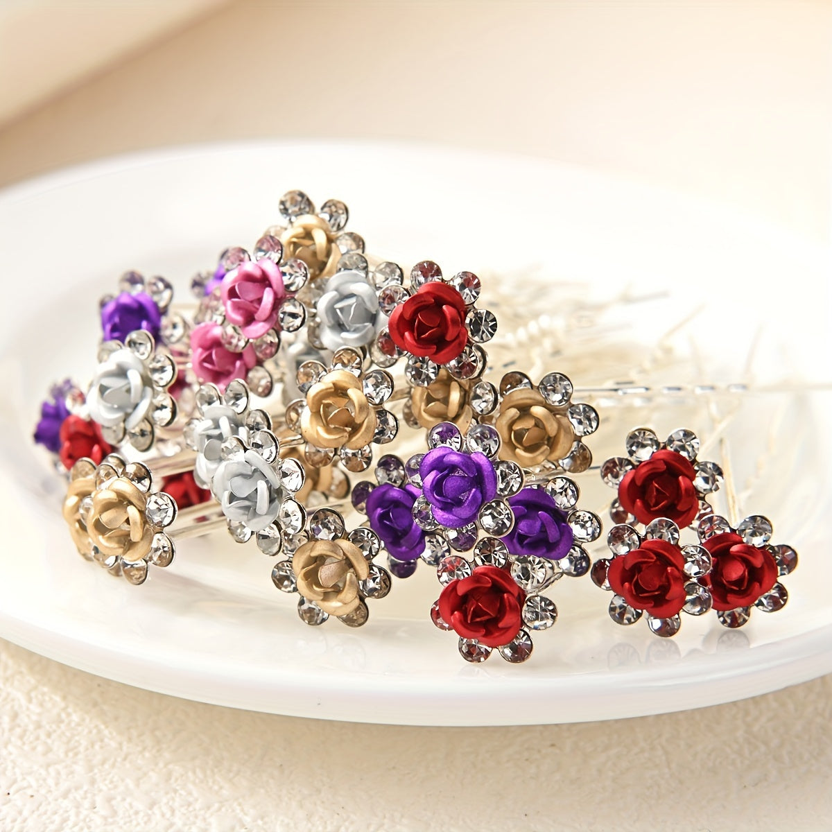 U Shaped Hair Clips Set with Rhinestones & Roses for Bridal & Everyday